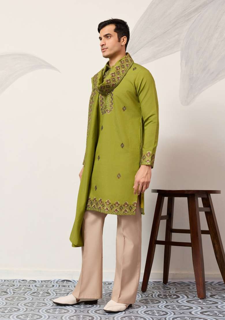 Fluorescent Green Embroidered Silk Blend Kurta With Dupatta For Men - Indya