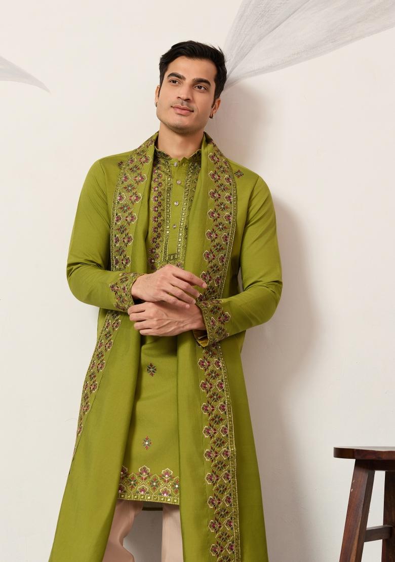 Fluorescent Green Embroidered Silk Blend Kurta With Dupatta For Men - Indya