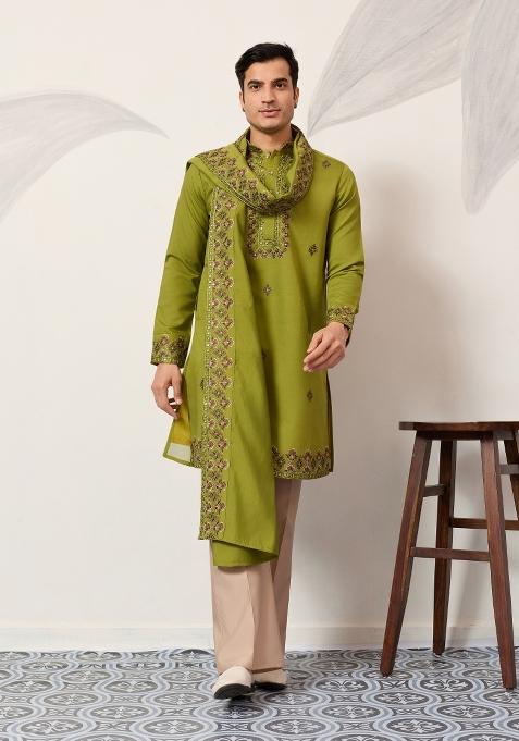 Fluorescent Green Embroidered Silk Kurta With Dupatta For Men