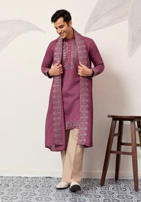 Pink Embroidered Silk Blend Kurta With Dupatta For Men
