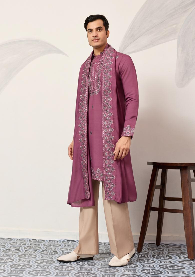 Pink Embroidered Silk Blend Kurta With Dupatta For Men - Indya