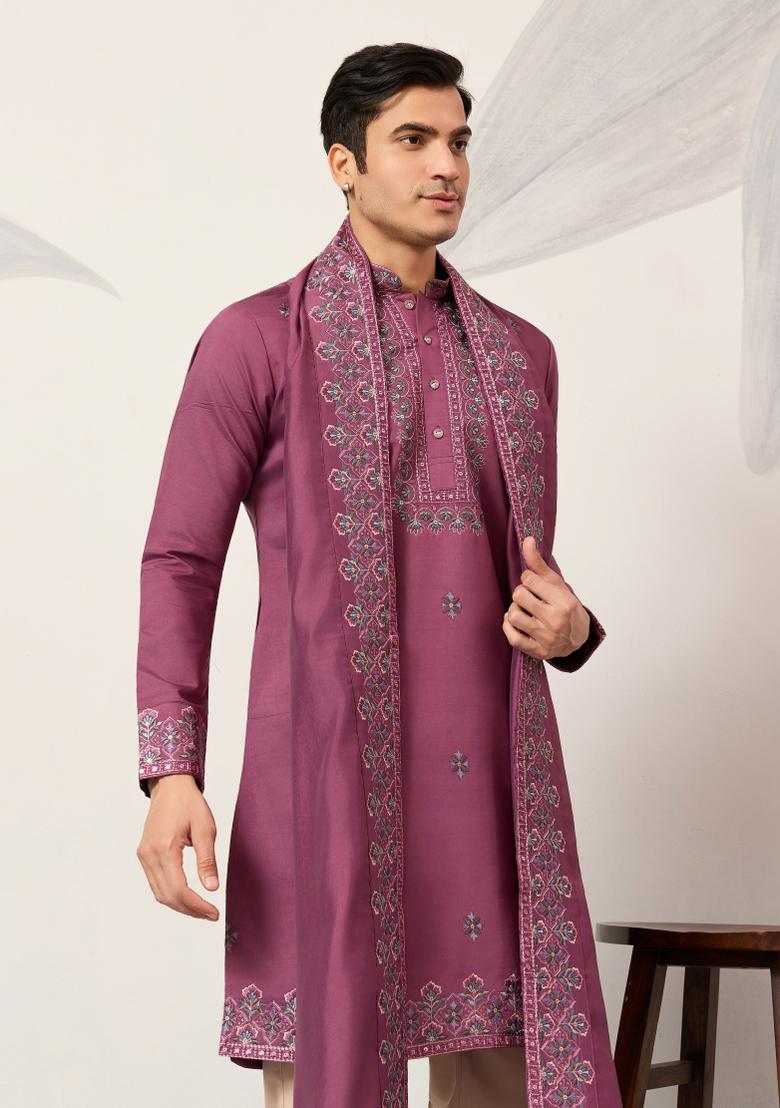 Pink Embroidered Silk Blend Kurta With Dupatta For Men - Indya