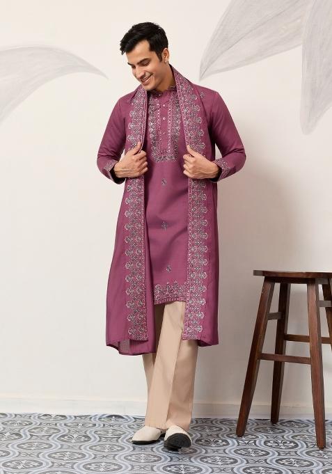 Pink Embroidered Silk Kurta With Dupatta For Men