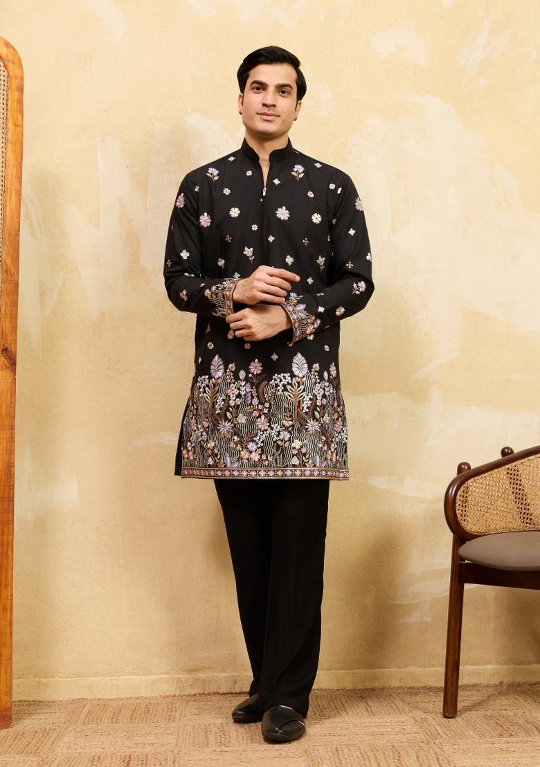 Black Embroidered Silk Blend Kurta For Men - Indya
