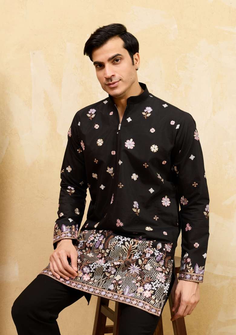 Black Embroidered Silk Blend Kurta For Men - Indya
