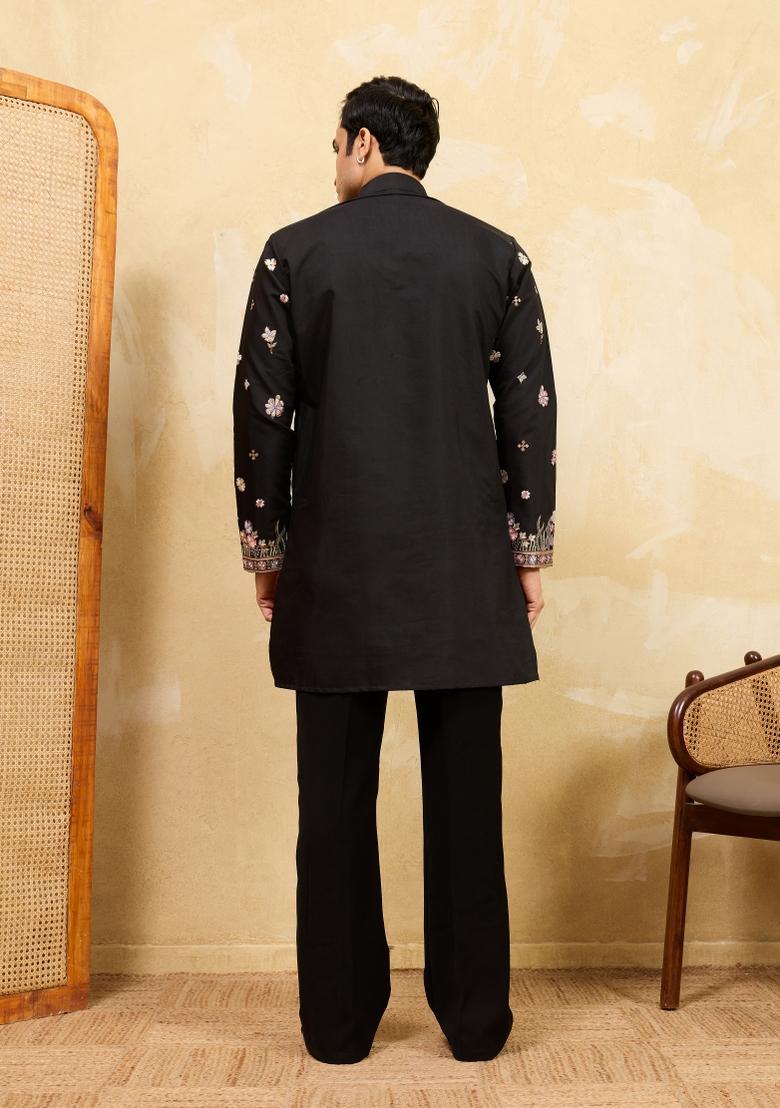 Black Embroidered Silk Blend Kurta For Men - Indya
