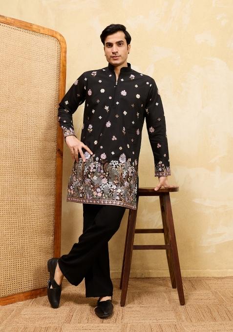 Black Embroidered Silk Kurta For Men
