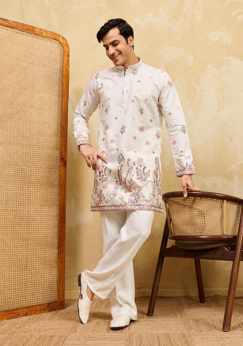 White Embroidered Silk Blend Kurta For Men - Indya