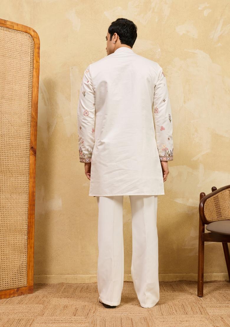 White Embroidered Silk Blend Kurta For Men - Indya