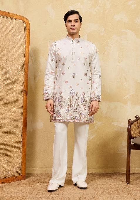 White Embroidered Silk Kurta For Men