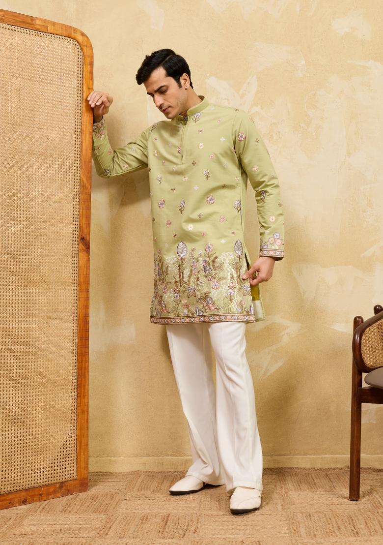Pista Green Embroidered Silk Blend Kurta For Men - Indya