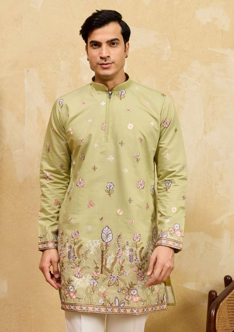 Pista Green Embroidered Silk Blend Kurta For Men - Indya