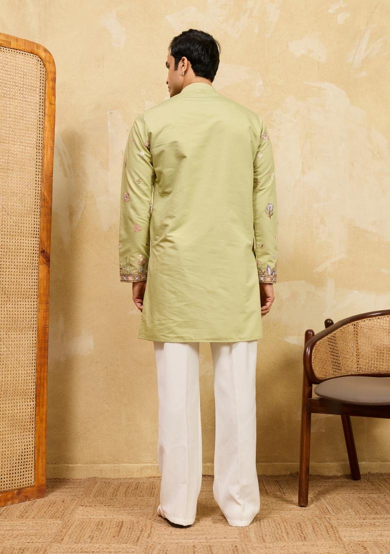 Pista Green Embroidered Silk Blend Kurta For Men - Indya