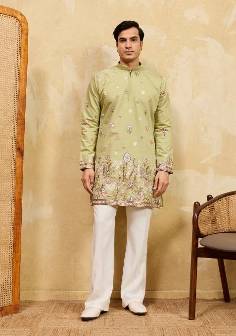 Pista Green Embroidered Silk Kurta For Men