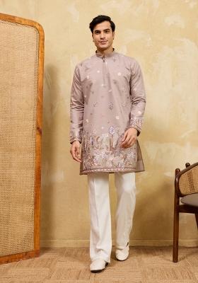 Beige Embroidered Silk Blend Kurta For Men