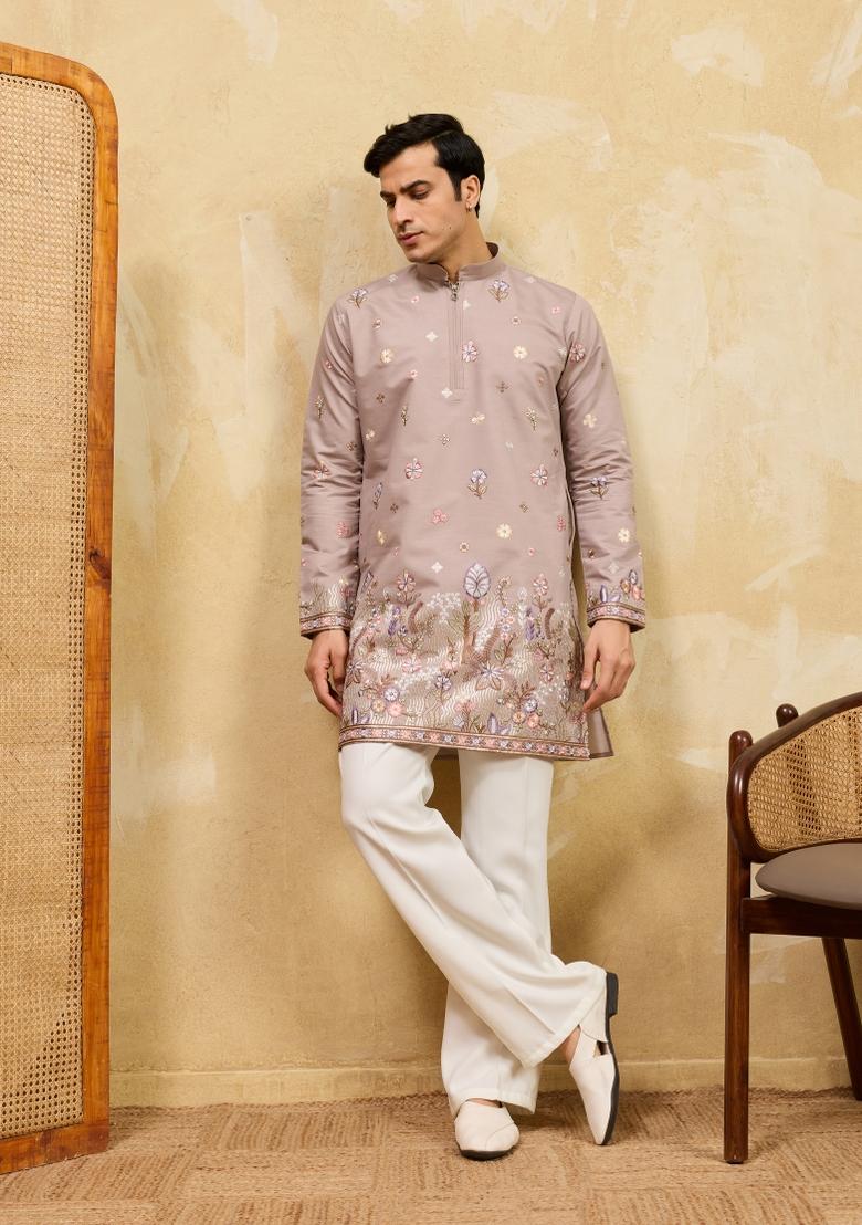 Beige Embroidered Silk Blend Kurta For Men - Indya