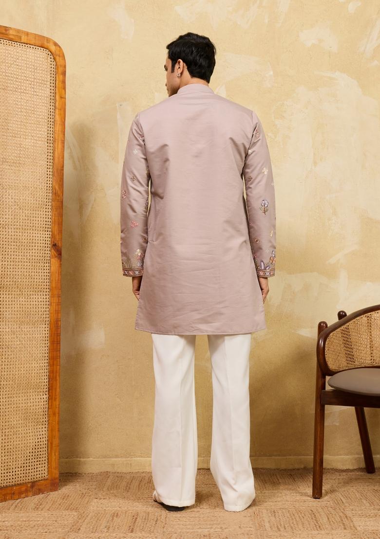 Beige Embroidered Silk Blend Kurta For Men - Indya