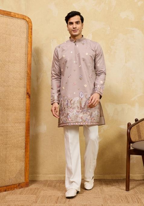 Beige Embroidered Silk Kurta For Men