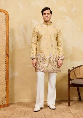 Yellow Embroidered Silk Blend Kurta For Men