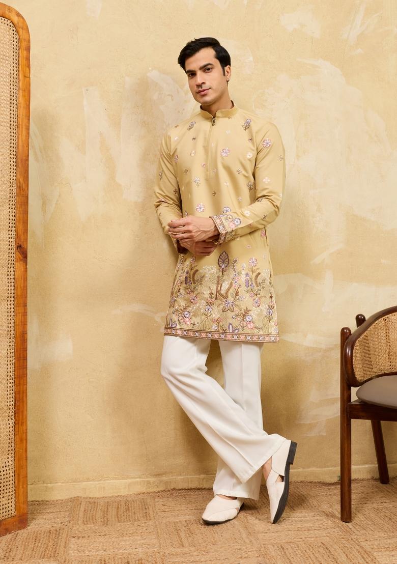 Yellow Embroidered Silk Blend Kurta For Men - Indya