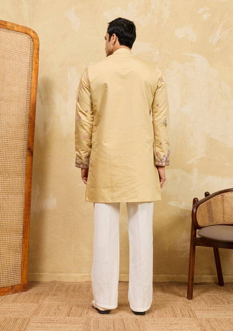 Yellow Embroidered Silk Blend Kurta For Men - Indya