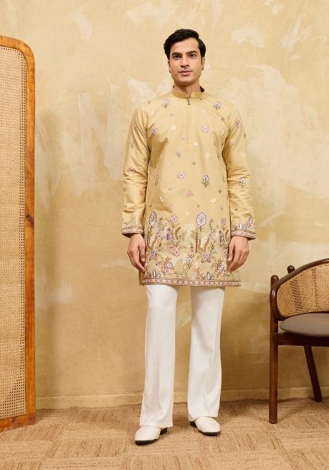 Yellow Embroidered Silk Kurta For Men