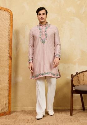 Dusty Beige Embroidered Silk Blend Kurta For Men