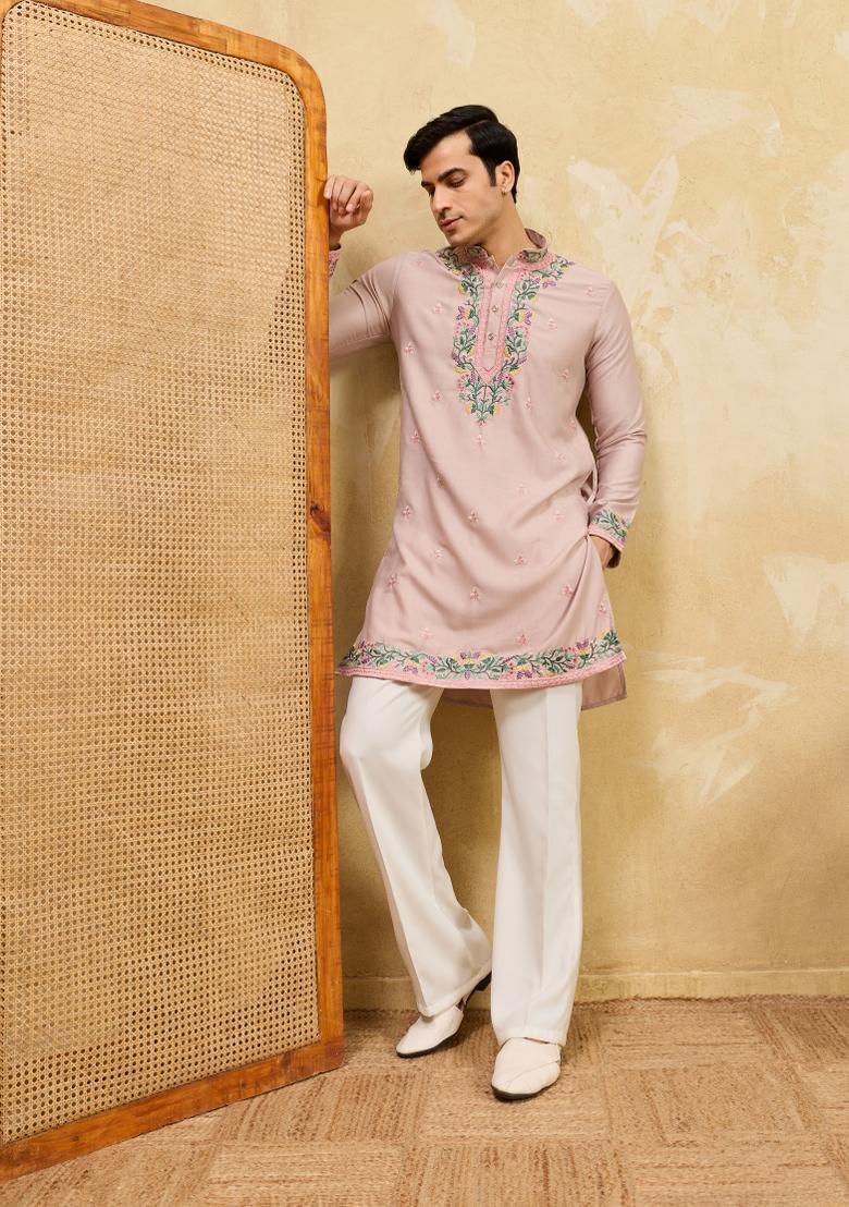 Dusty Beige Embroidered Silk Blend Kurta For Men - Indya