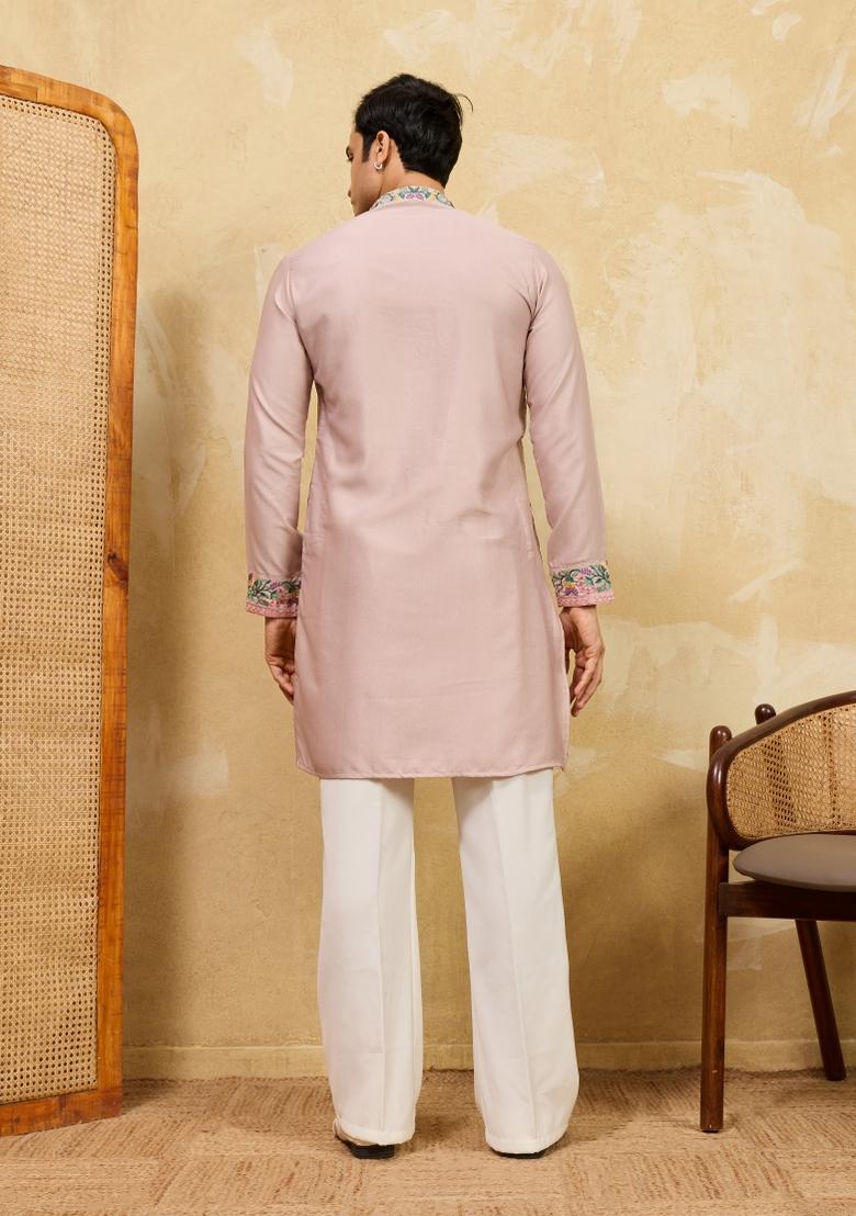 Dusty Beige Embroidered Silk Blend Kurta For Men - Indya