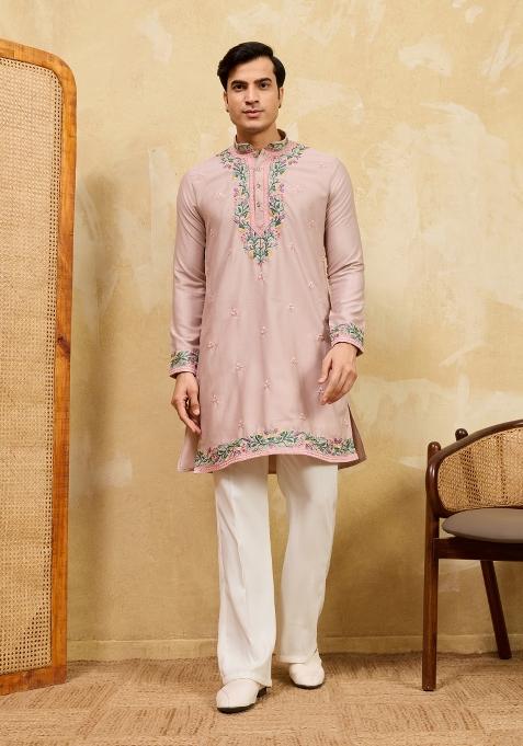 Dusty Beige Embroidered Silk Kurta For Men