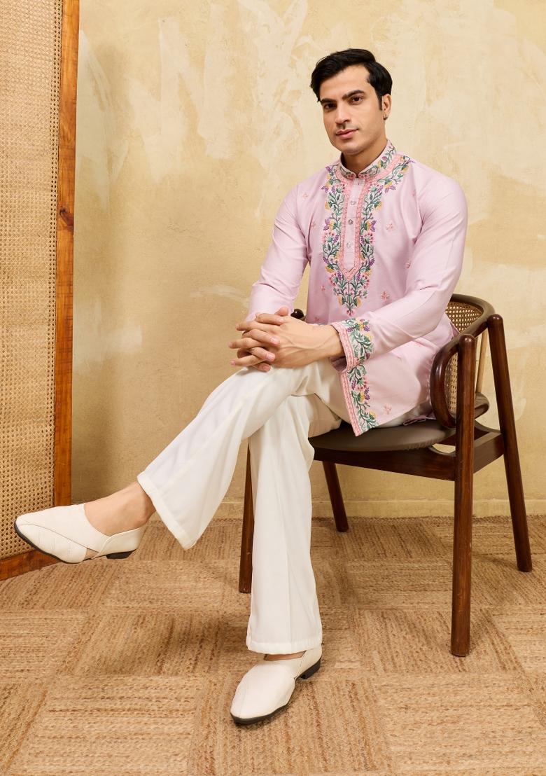 Pink Embroidered Silk Blend Kurta For Men - Indya