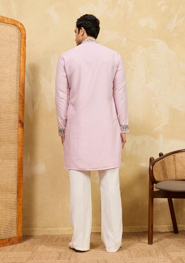 Pink Embroidered Silk Blend Kurta For Men - Indya