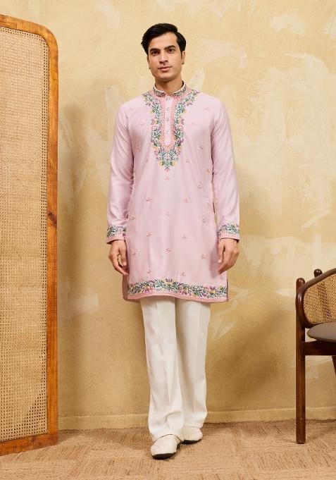 Pink Embroidered Silk Kurta For Men