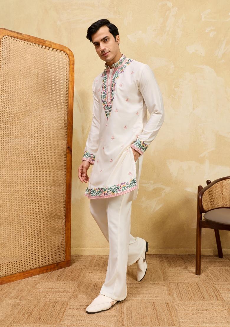 White Embroidered Silk Blend Kurta For Men - Indya