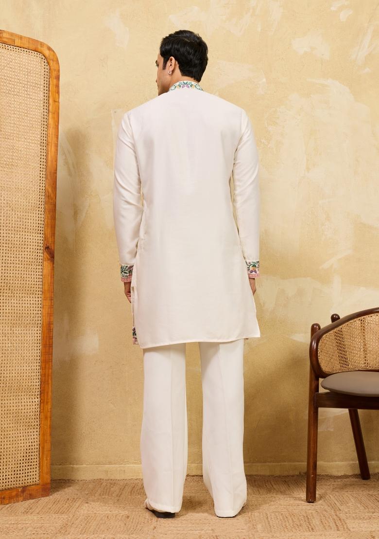 White Embroidered Silk Blend Kurta For Men - Indya