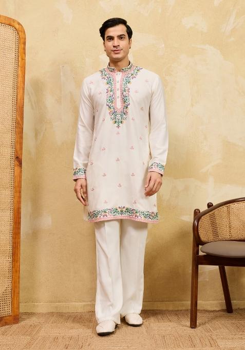 White Embroidered Silk Kurta For Men