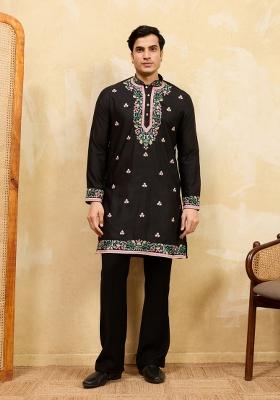 Black Embroidered Silk Blend Kurta For Men