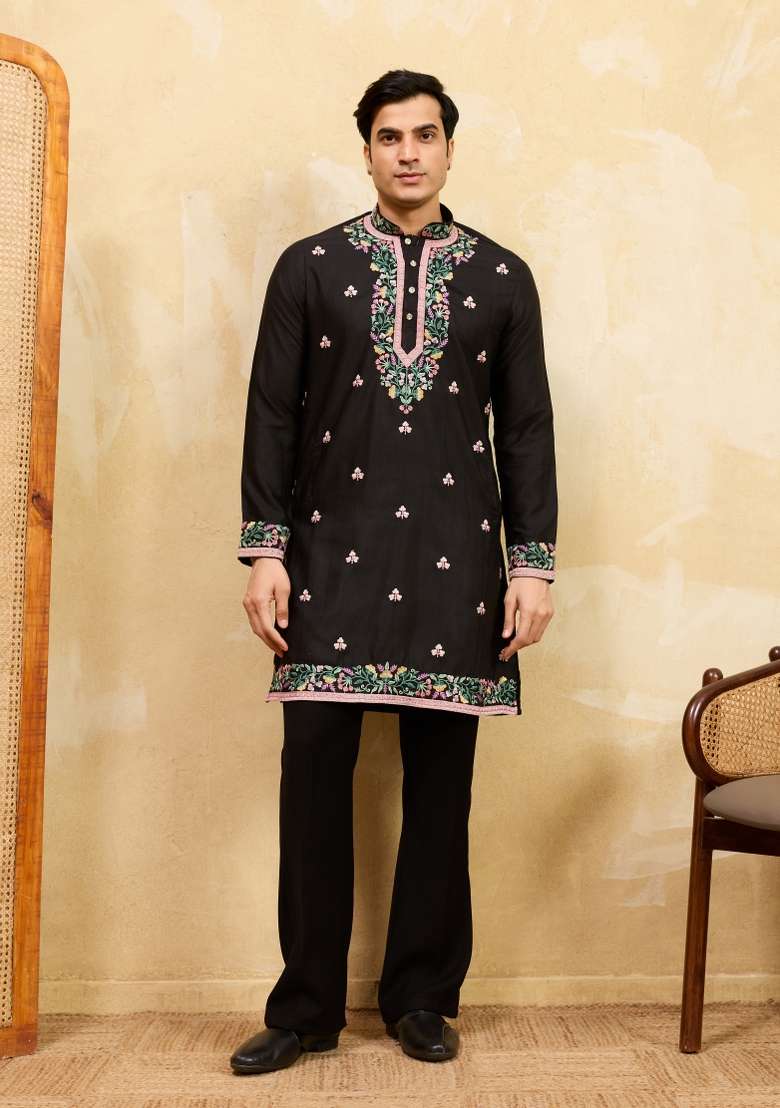 Black Embroidered Silk Blend Kurta For Men - Indya