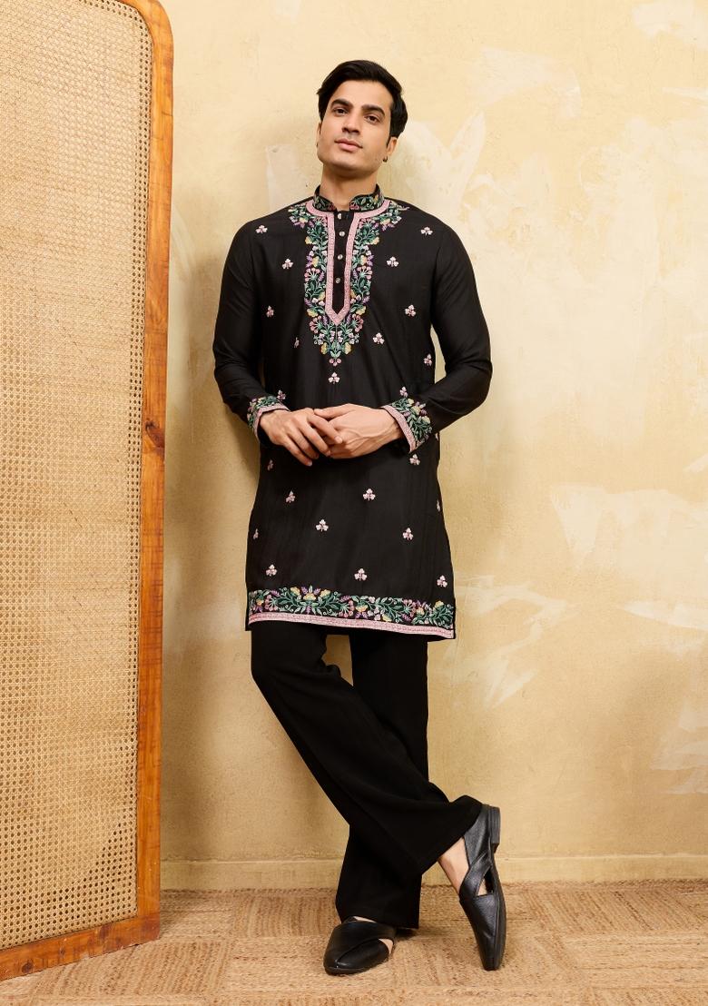 Black Embroidered Silk Blend Kurta For Men - Indya