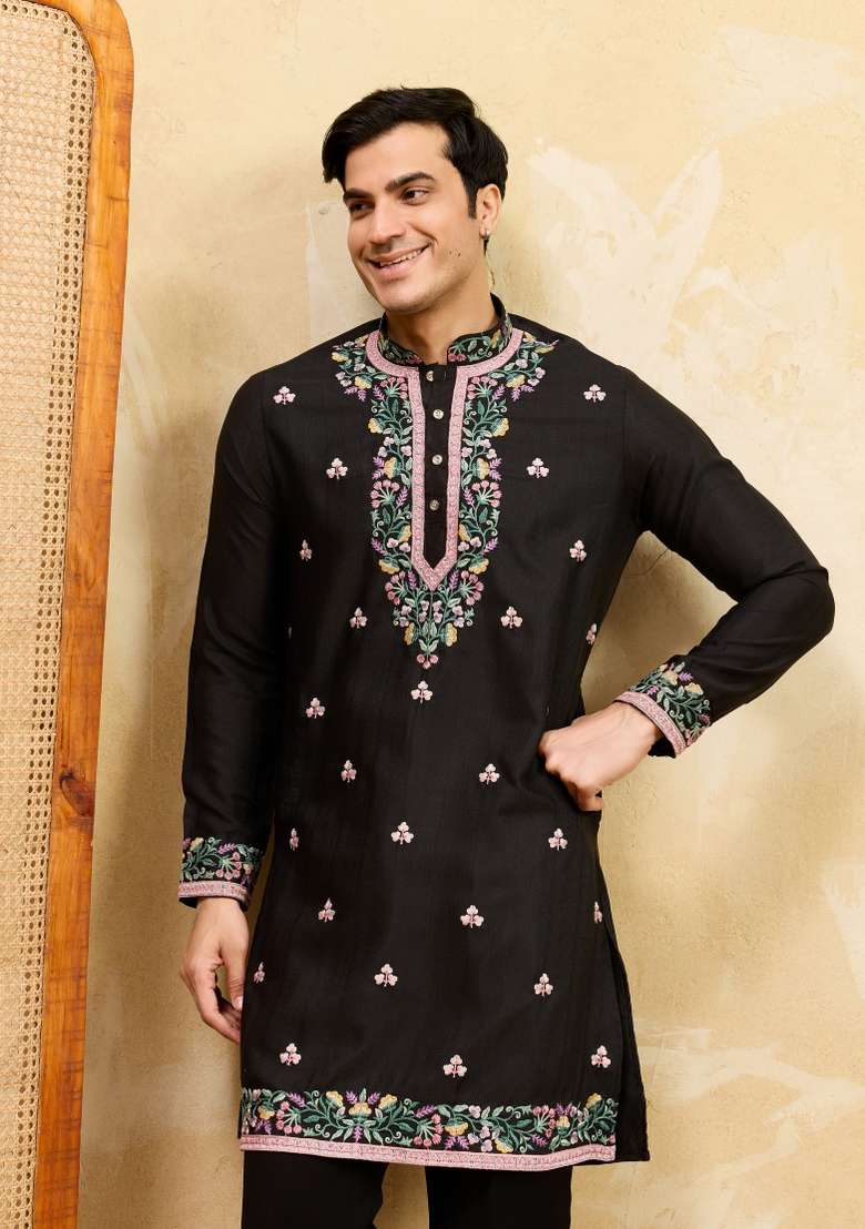 Black Embroidered Silk Blend Kurta For Men - Indya