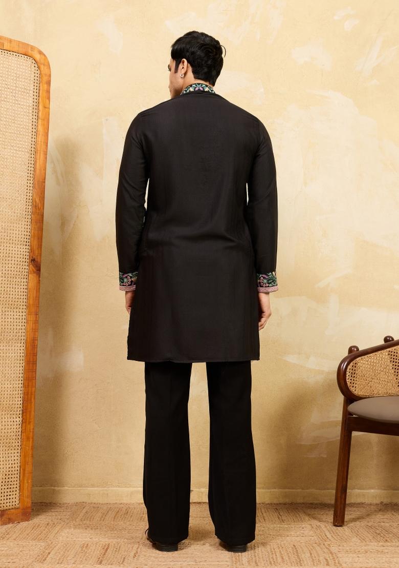 Black Embroidered Silk Blend Kurta For Men - Indya