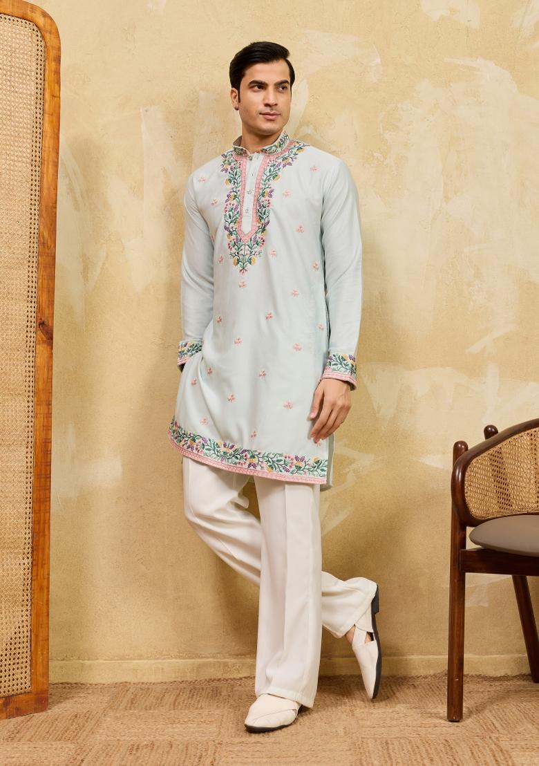 Sky Blue Embroidered Silk Blend Kurta For Men - Indya