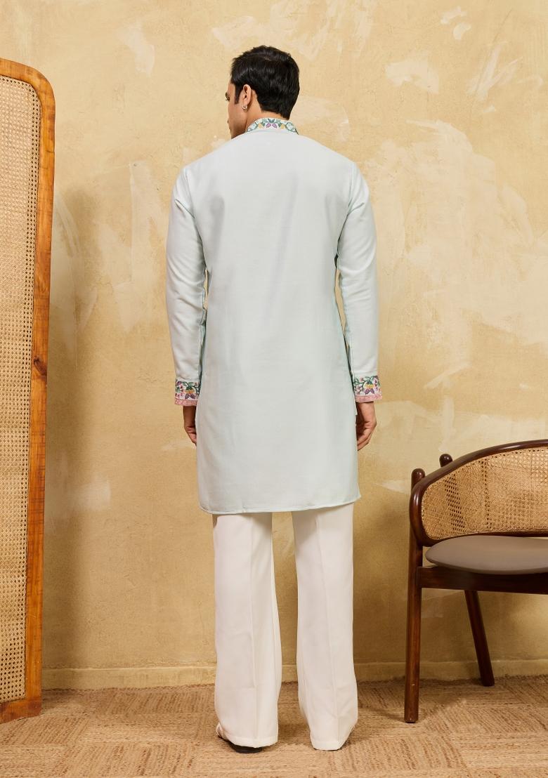 Sky Blue Embroidered Silk Blend Kurta For Men - Indya