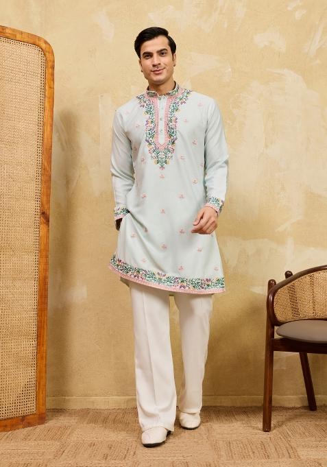Sky Blue Embroidered Silk Kurta For Men