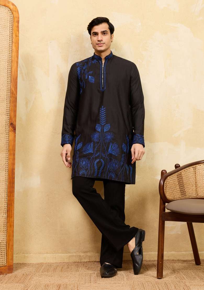 Black Embroidered Silk Blend Kurta For Men - Indya