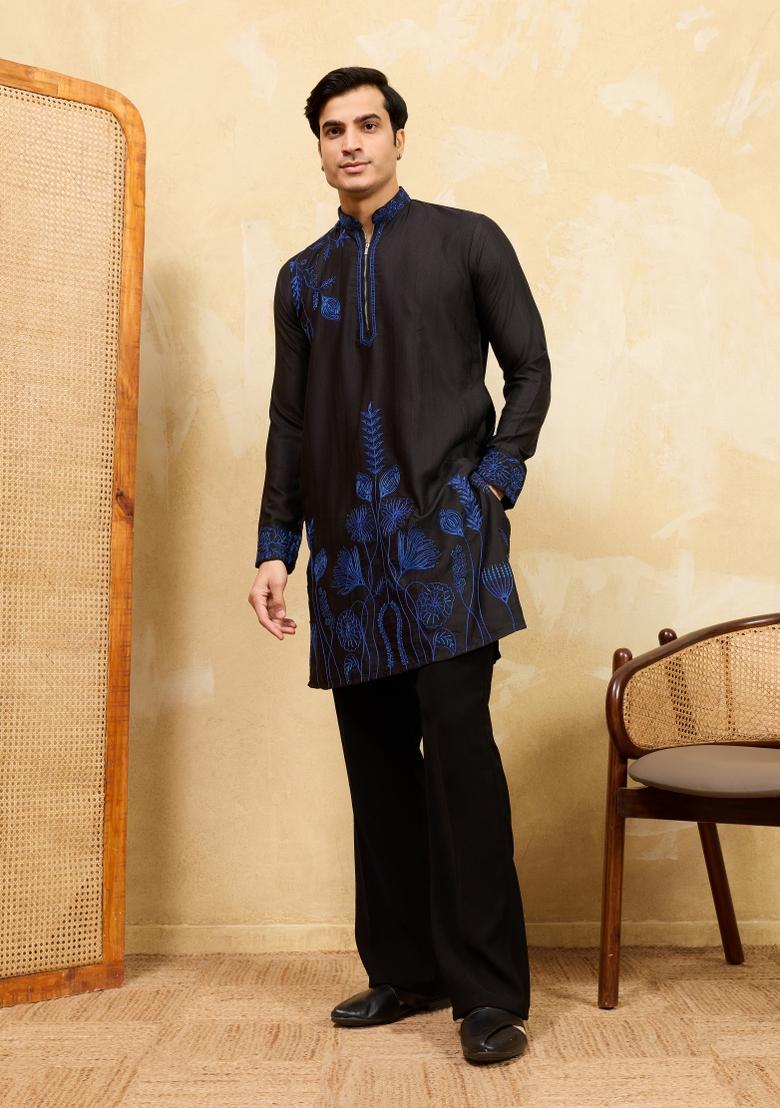 Black Embroidered Silk Blend Kurta For Men - Indya