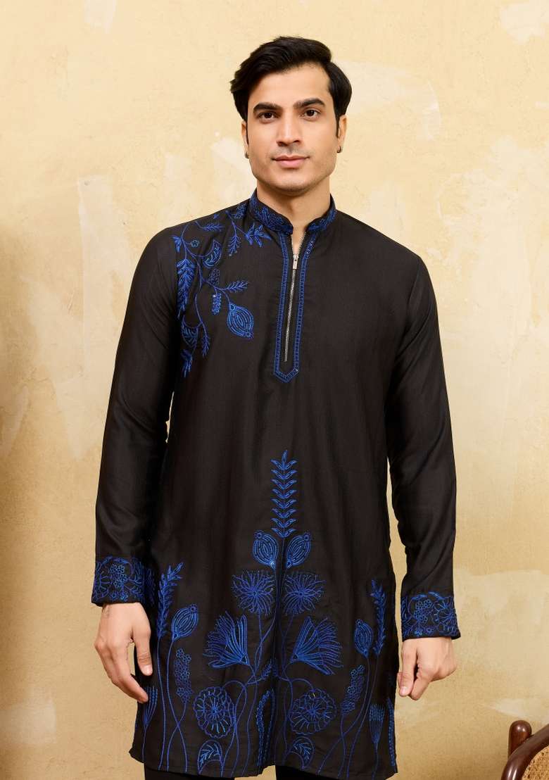 Black Embroidered Silk Blend Kurta For Men - Indya