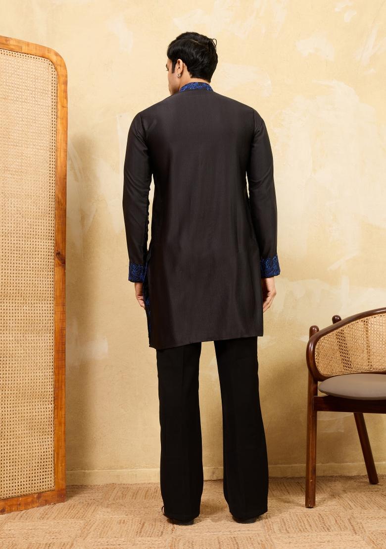 Black Embroidered Silk Blend Kurta For Men - Indya
