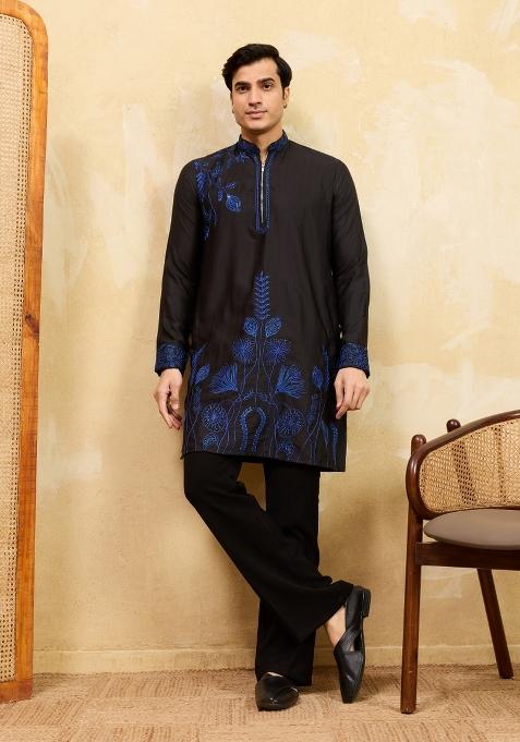 Black Embroidered Silk Kurta For Men