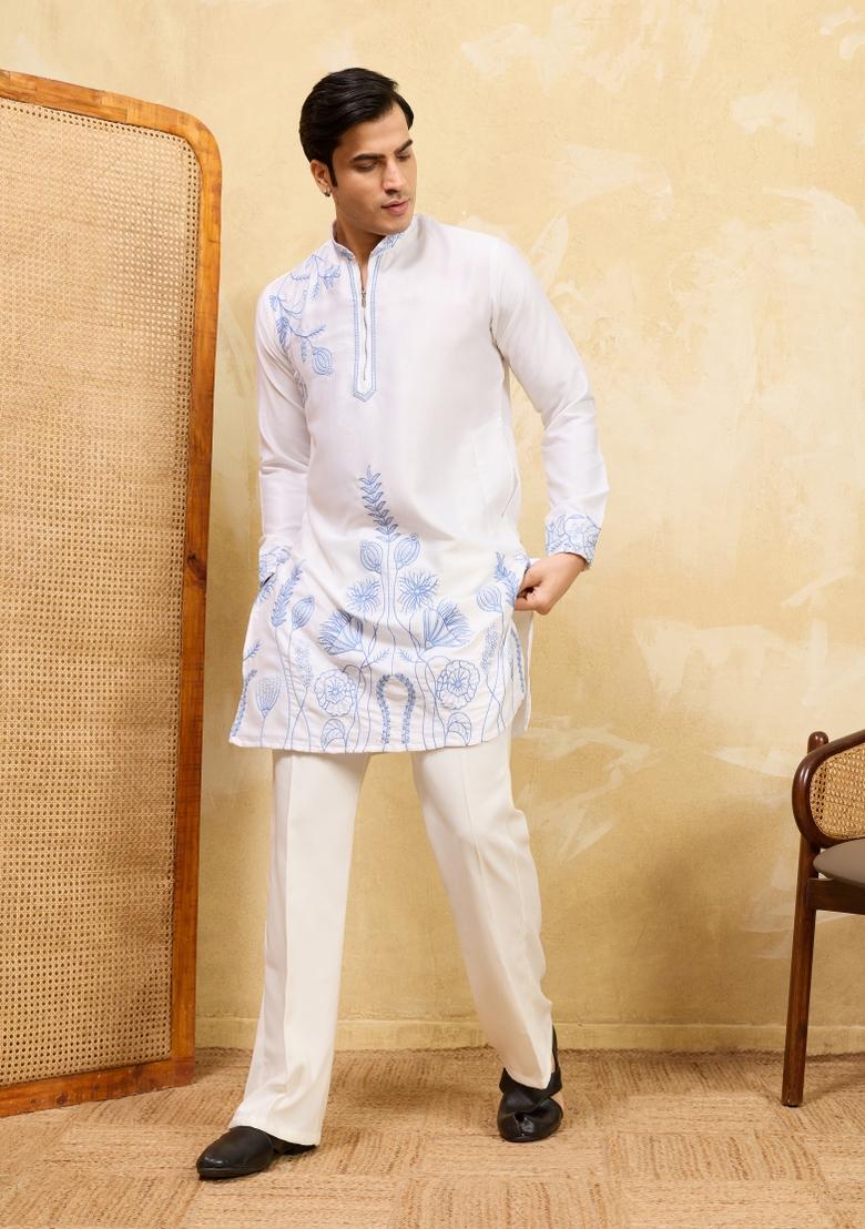 White Embroidered Silk Blend Kurta For Men - Indya